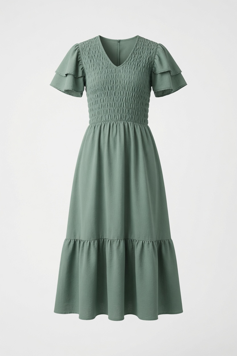 Salbeigrünes gestuftes Midikleid mit gesmoktem Oberteil