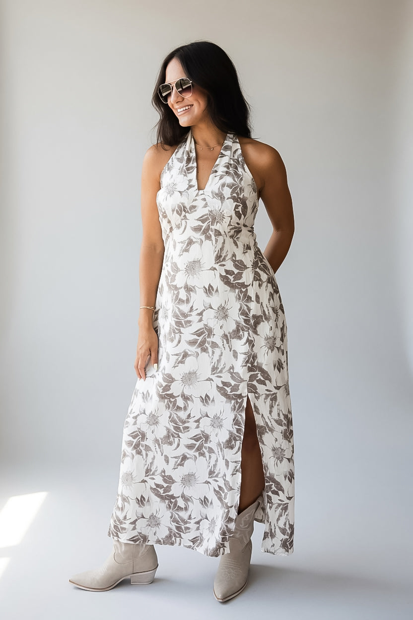 Cream Floral Halter Midi Dress