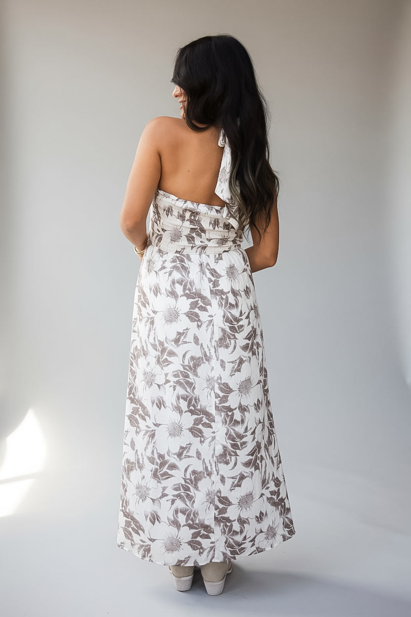 Cream Floral Halter Midi Dress