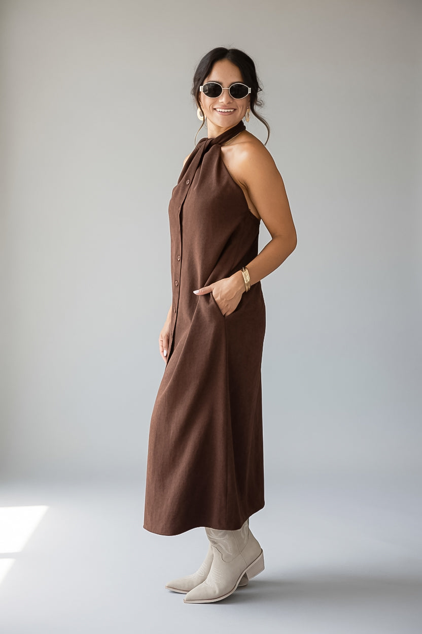 Brown Sleeveless Button Front Midi Dress