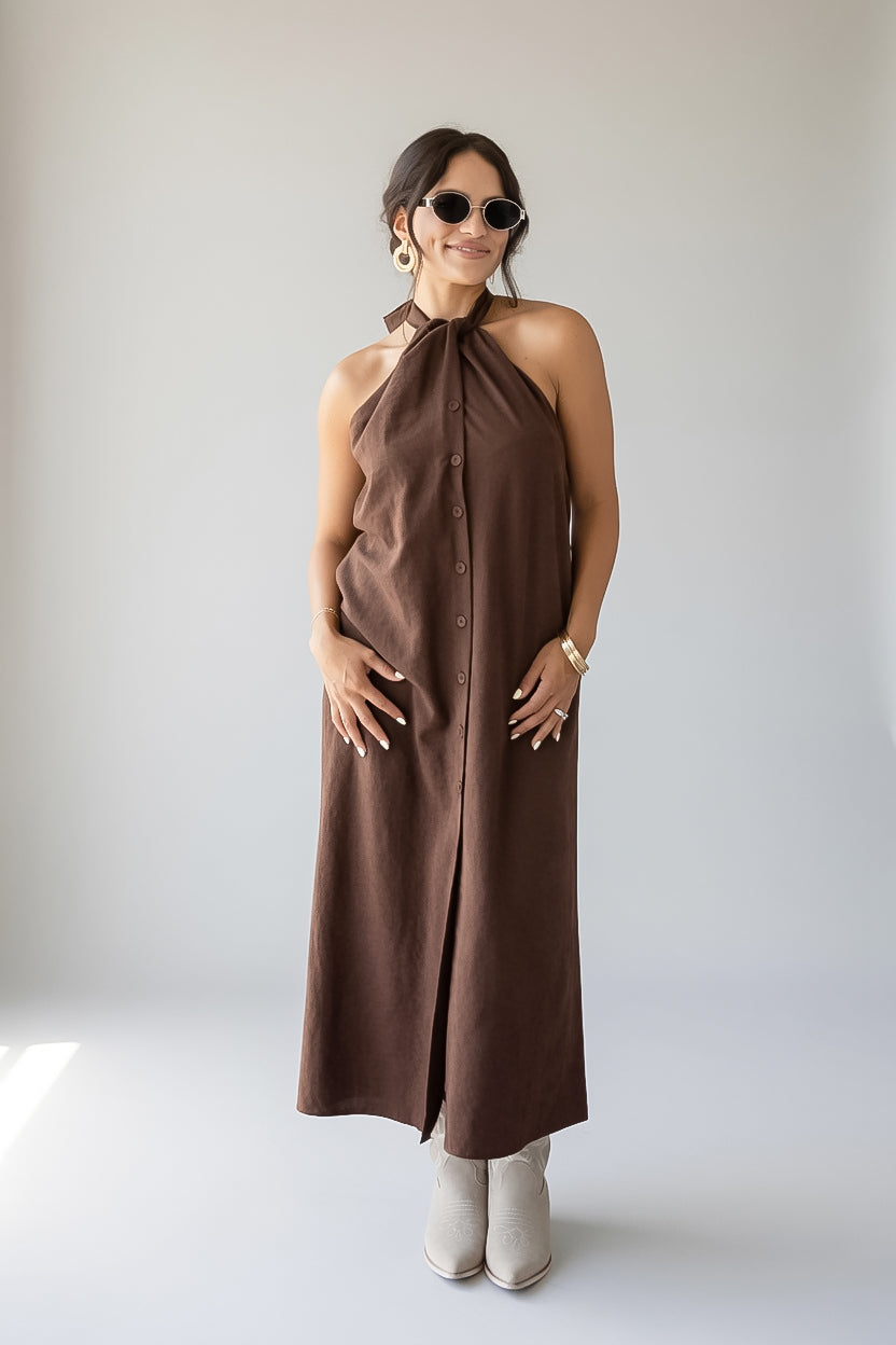 Autumn Stroll Brown Button Front Midi Dress