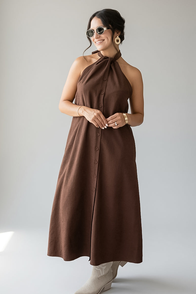 Autumn Stroll Brown Button Front Midi Dress