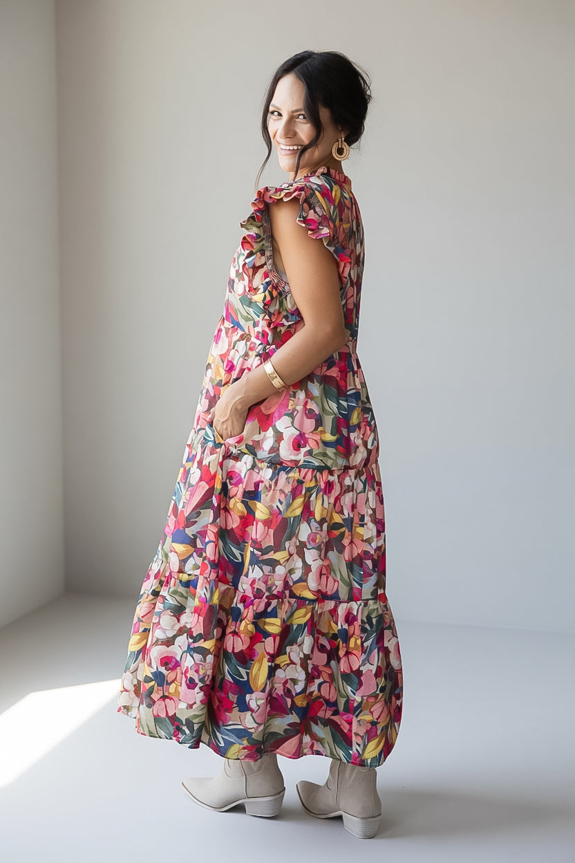 Multi Floral Ruffle Sleeve Maxi Dress