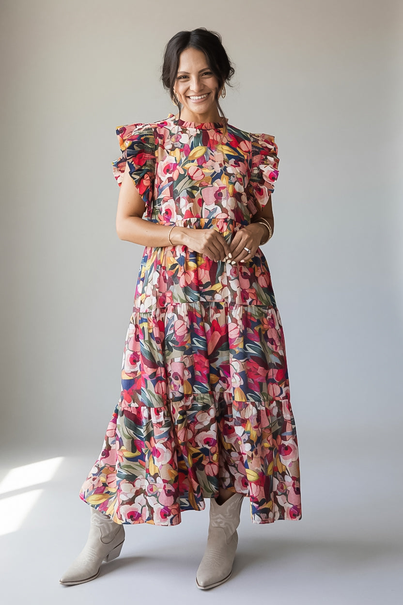 Multi Floral Ruffle Sleeve Maxi Dress