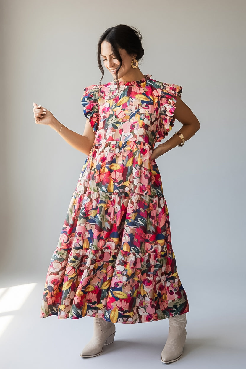 Multi Floral Ruffle Sleeve Maxi Dress
