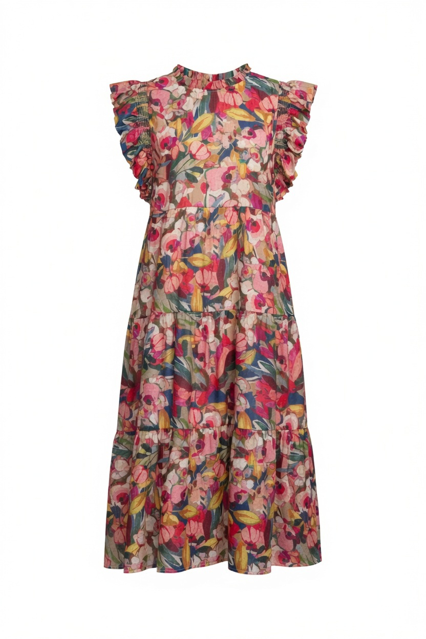 Multi Floral Ruffle Sleeve Maxi Dress