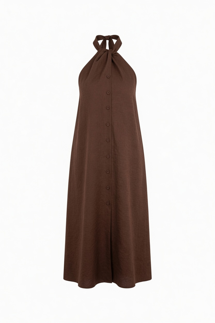 Autumn Stroll Brown Button Front Midi Dress