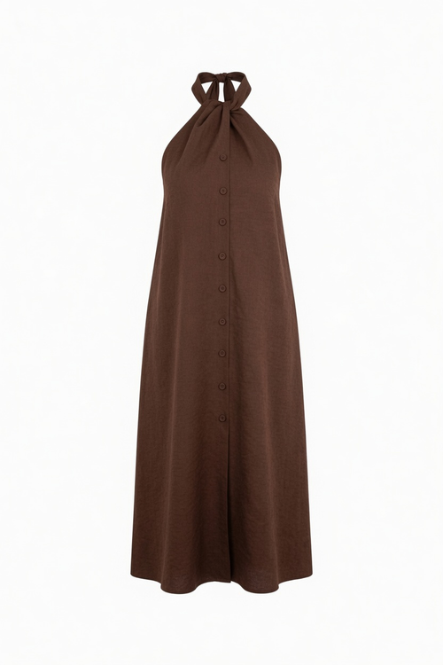 Brown Sleeveless Button Front Midi Dress