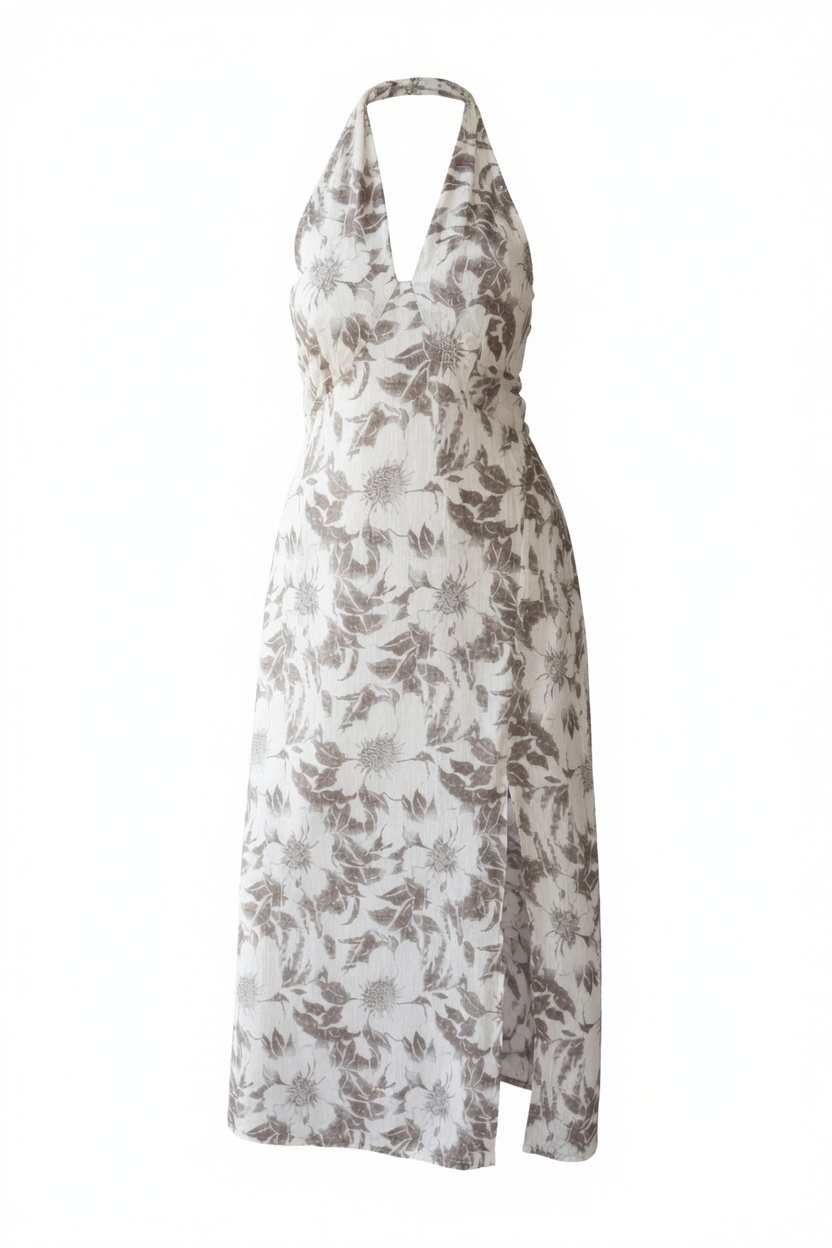 Cream Floral Halter Midi Dress