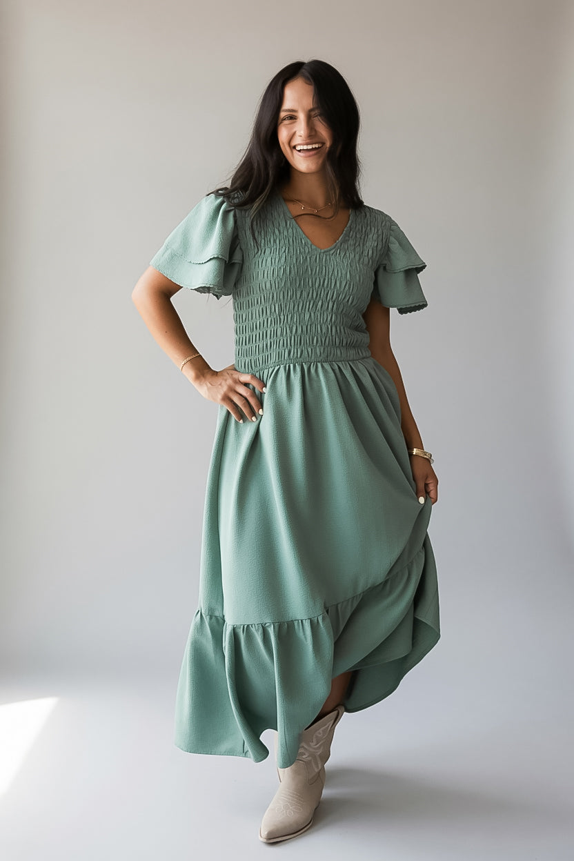 Sage Smocked Tiered Midi Dress