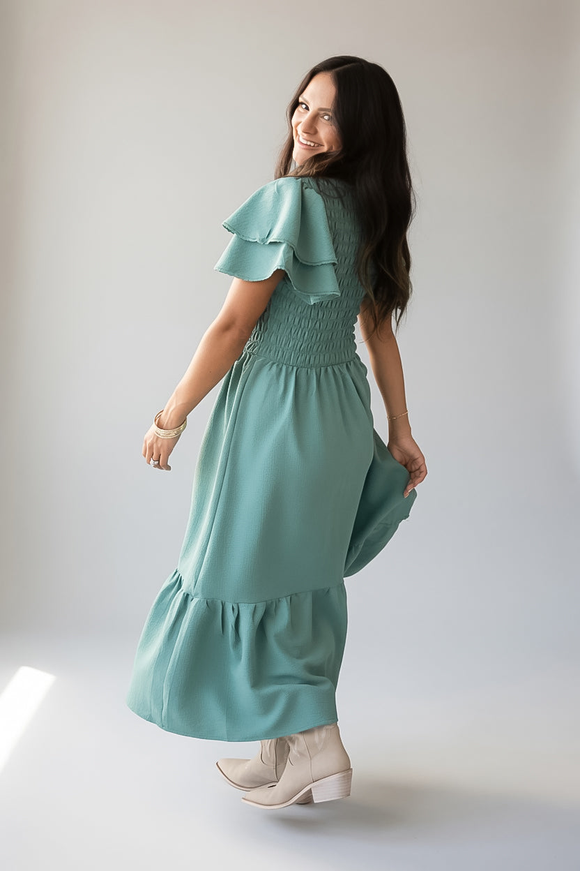 Sage Smocked Tiered Midi Dress