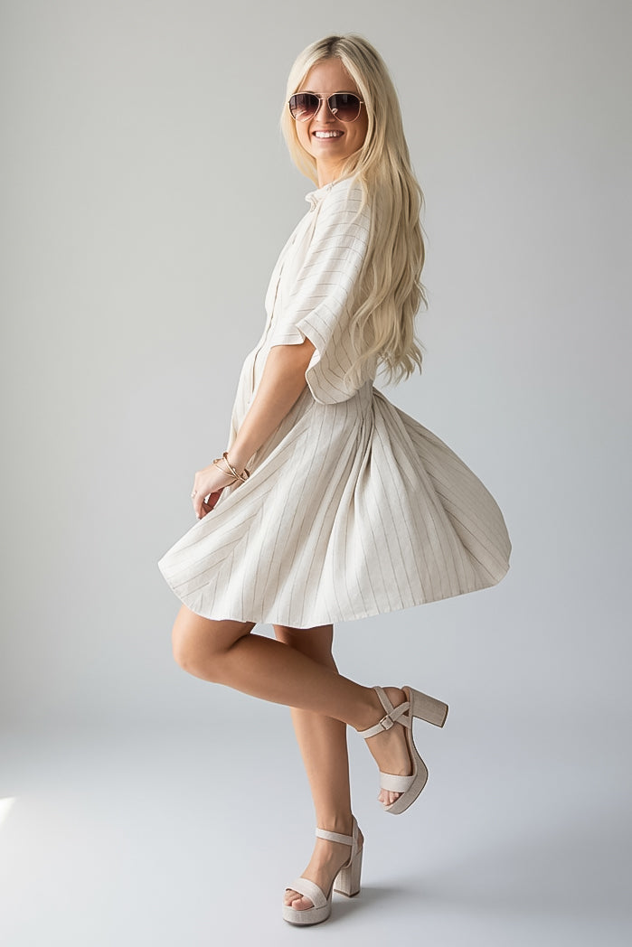 Natural Stripe Collared Button Front Mini Dress