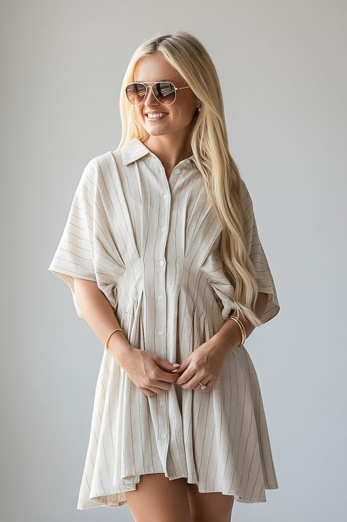 Natural Stripe Collared Button Front Mini Dress