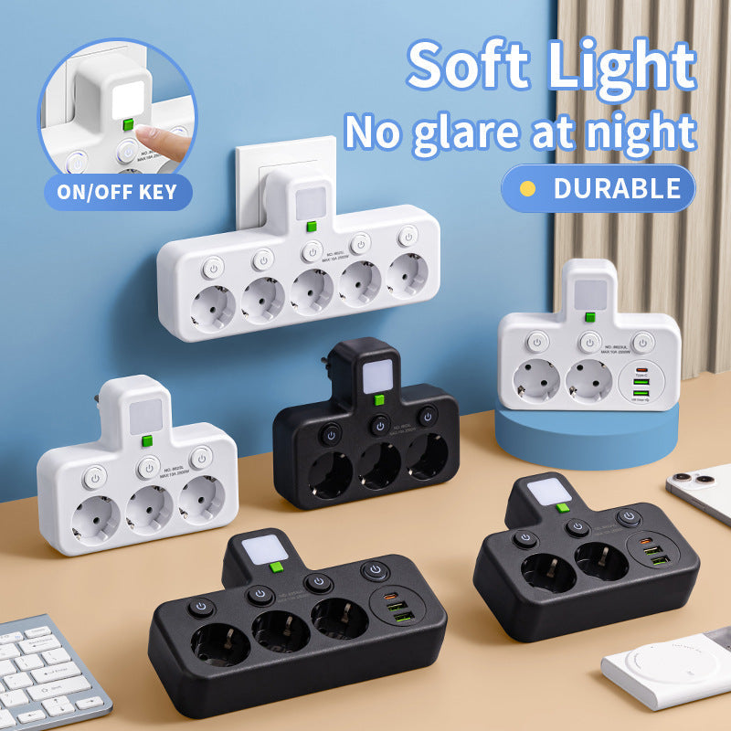 Adaptateur secteur EU avec 4 prises, prise murale multiport avec interrupteur indpendant et petit adaptateur pour veilleuse