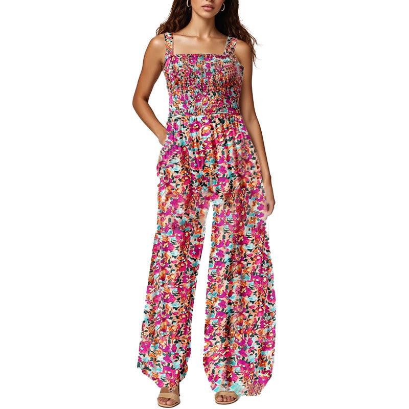 DE REDUZIERUNG Ärmelloser Damen-Jumpsuit mit Blumenmuster, gesmokter Brust und weitem Bein, sommerlich schick