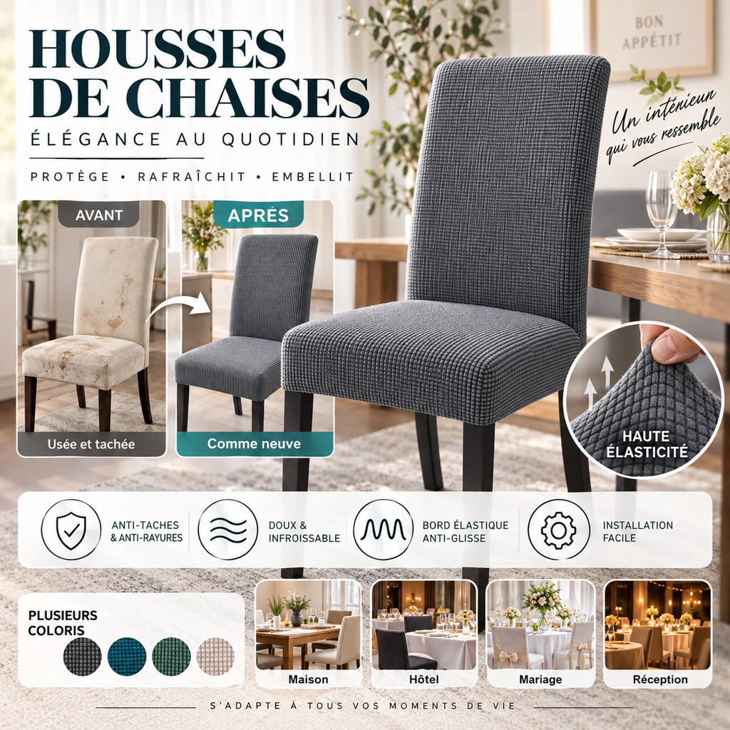 Rduction Housse de chaise extensible Ajustement parfait, anti-tache, protge et rnove vos chaises facilement