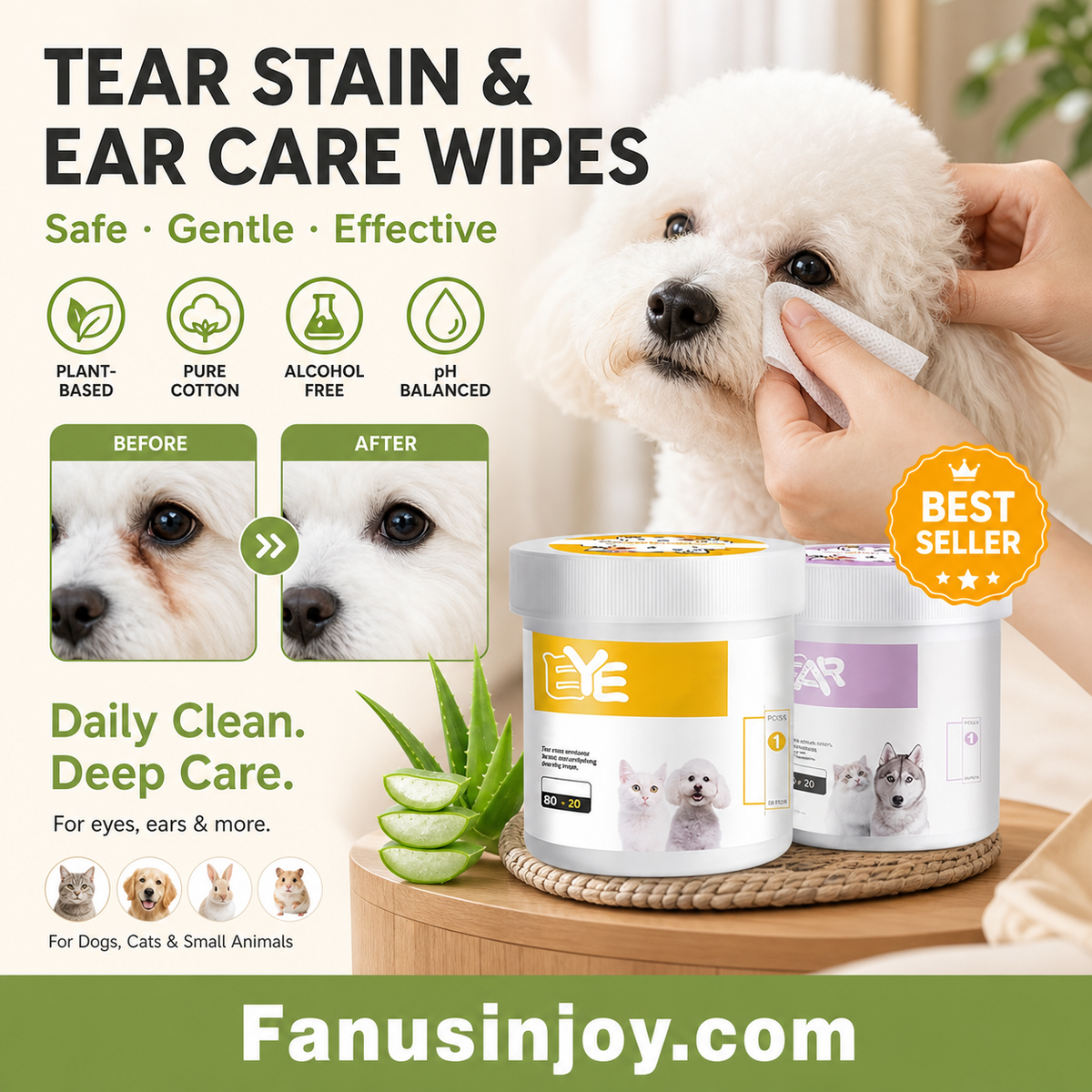 1 achet 1 offert Lingettes nettoyantes yeux et oreilles base de plantes, sans parfum, nettoie en douceur les yeux et les oreilles de votre compagnon quatre pattes
