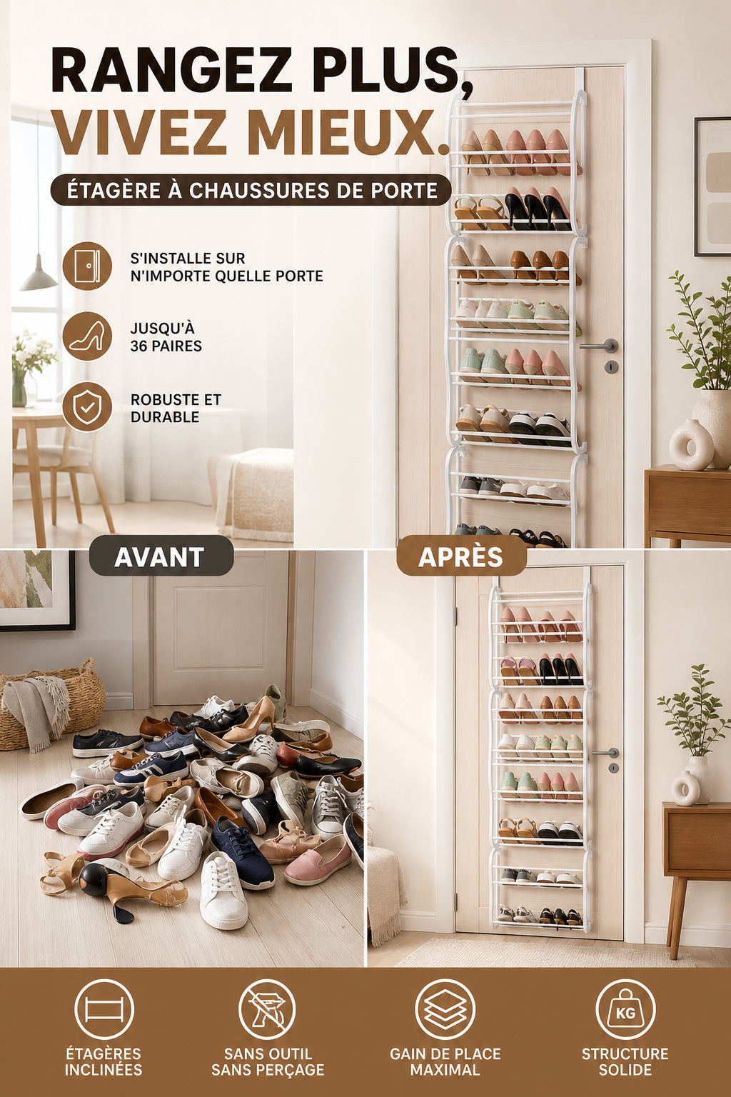 Organisateur Chaussures Suspendu Porte Jusqu' 36 Paires Mtal Robuste Stable, tagres Inclines Anti-Glissement Talons Bottes Baskets, Installation Sans Outils Secondes 3 Coloris 4-8-12 tages