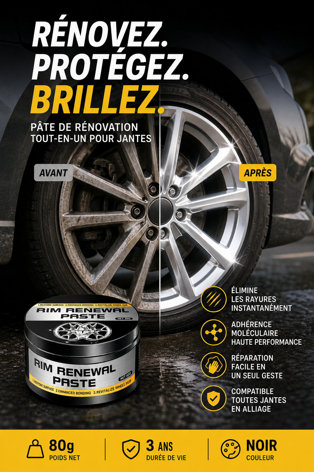 DE RDUCTION Pate Restauratrice Tout-en-Un pour Jantes Efface les Rayures, Redonne Brillance & Protge Durablement
