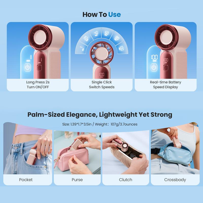 Mini ventilateur portable avec affichage LED C Ventilateur de poche turbo 5 vitesses. Rechargeable par USB, refroidissement rapide idal pour les voyages et le maquillage. Cadeau parfait. Rfrigration portable.
