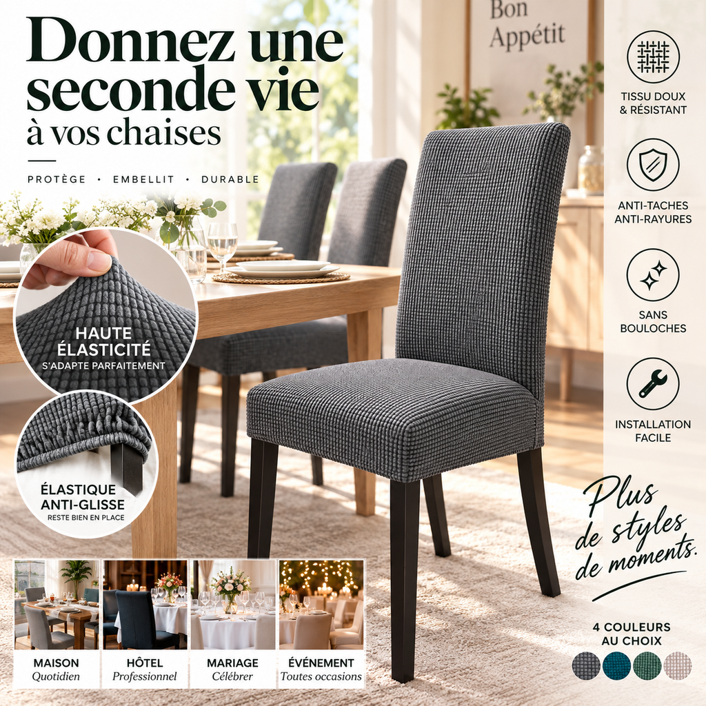 Rduction Housse de chaise extensible Ajustement parfait, anti-tache, protge et rnove vos chaises facilement