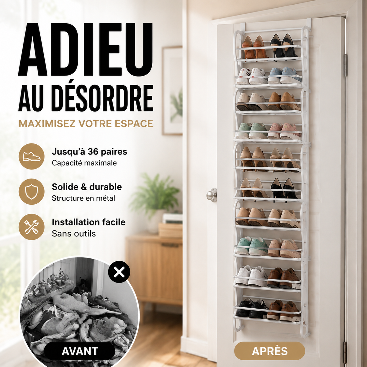 Organisateur Chaussures Suspendu Porte Jusqu' 36 Paires Mtal Robuste Stable, tagres Inclines Anti-Glissement Talons Bottes Baskets, Installation Sans Outils Secondes 3 Coloris 4-8-12 tages