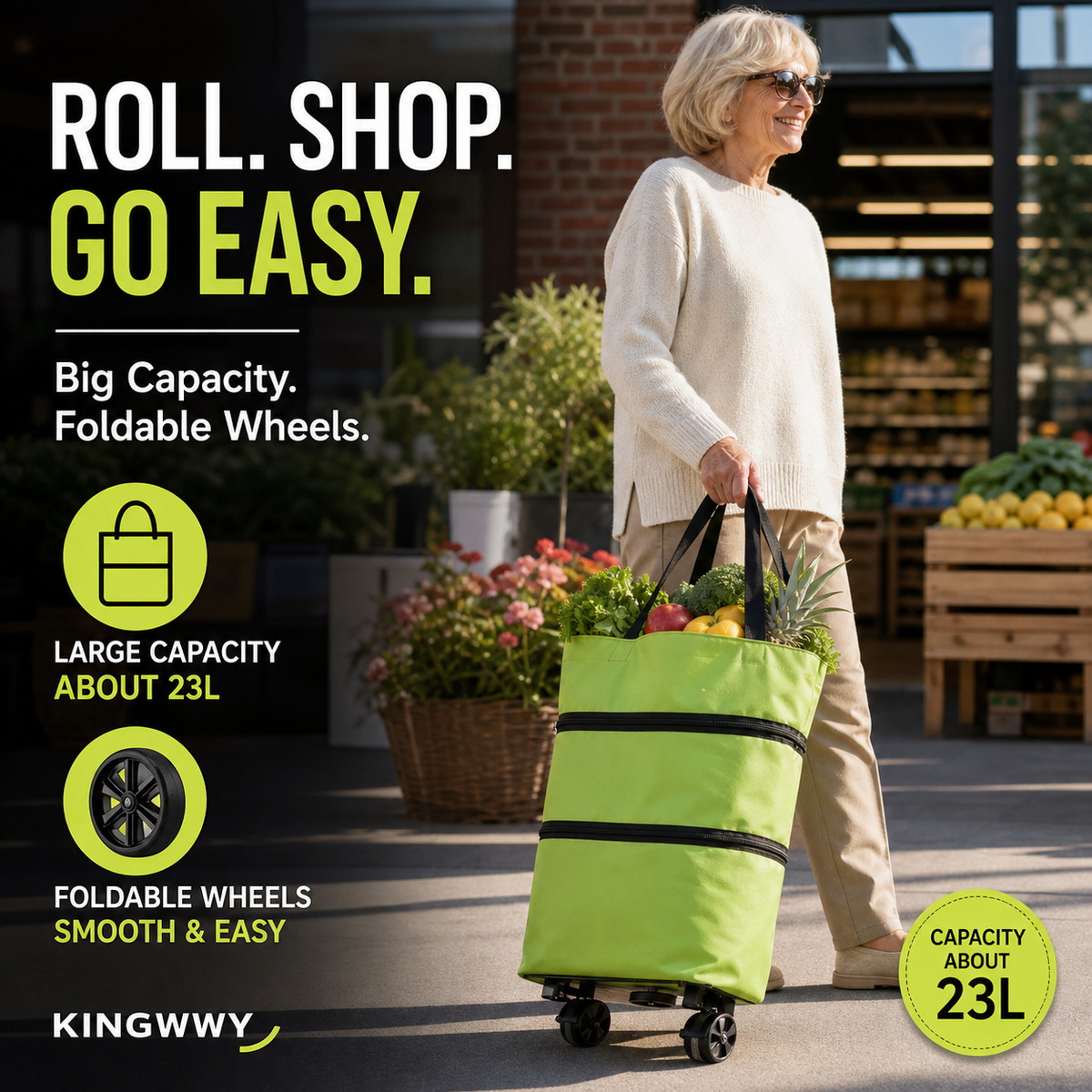 Sac de course pliable 2-en-1 roulettes Avec roues style bagage