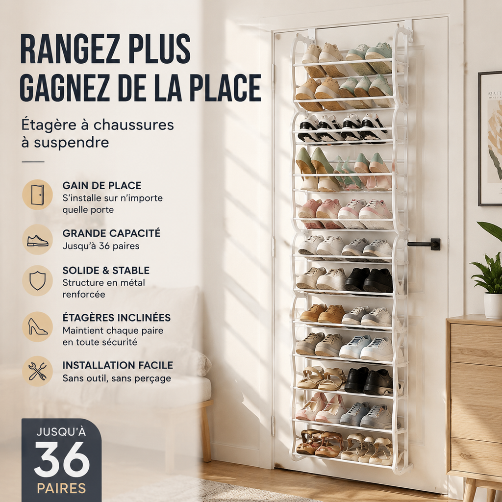 Organisateur Chaussures Suspendu Porte Jusqu' 36 Paires Mtal Robuste Stable, tagres Inclines Anti-Glissement Talons Bottes Baskets, Installation Sans Outils Secondes 3 Coloris 4-8-12 tages