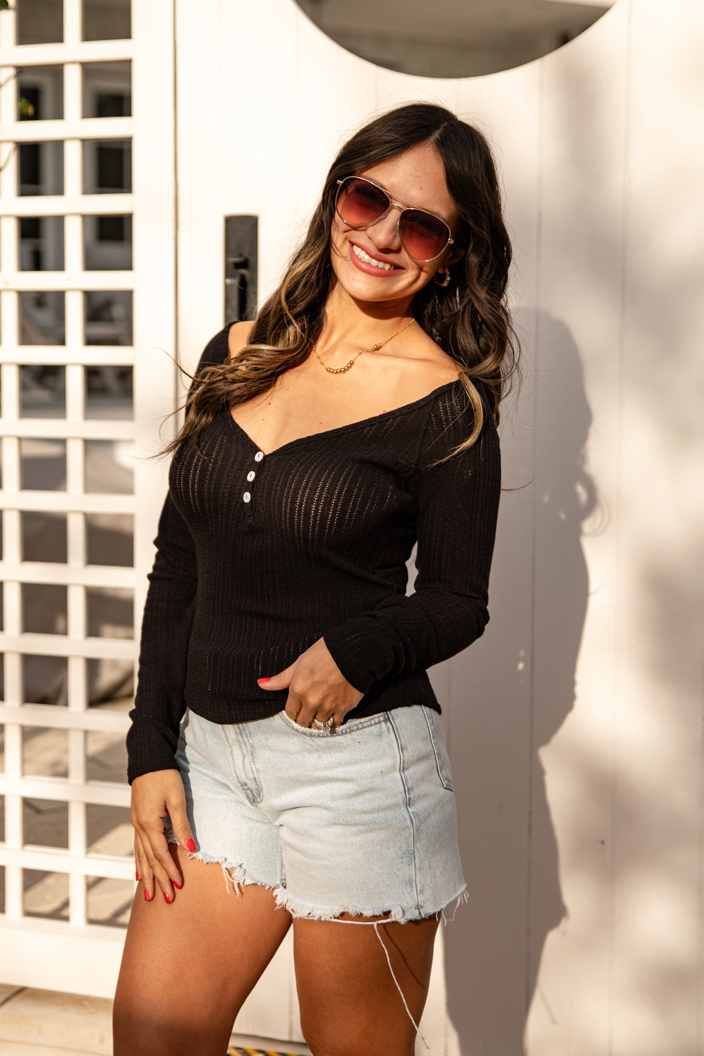 Ribbed Waffle Knit V-Neck Button Long Sleeve Crop Top