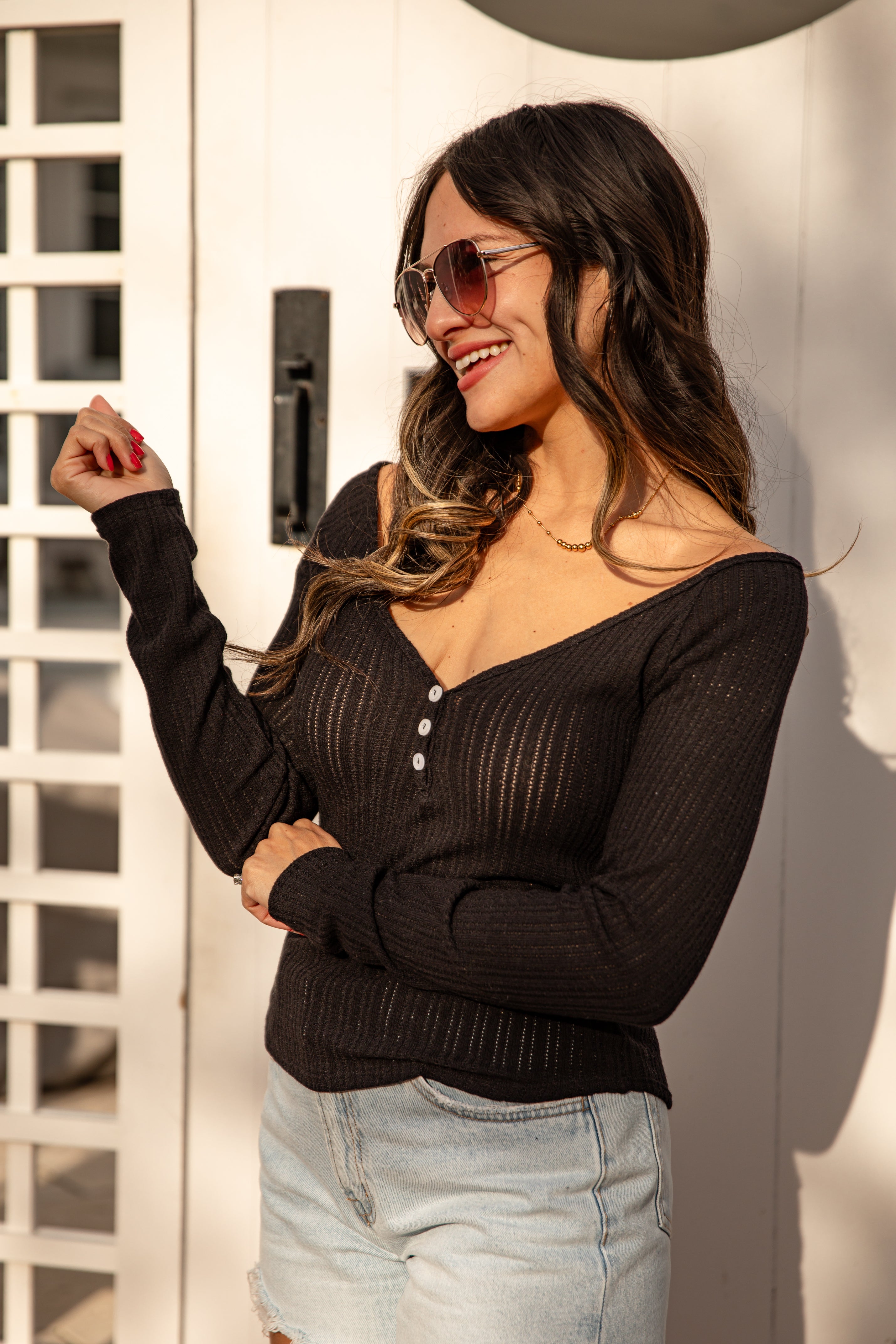 Ribbed Waffle Knit V-Neck Button Long Sleeve Crop Top