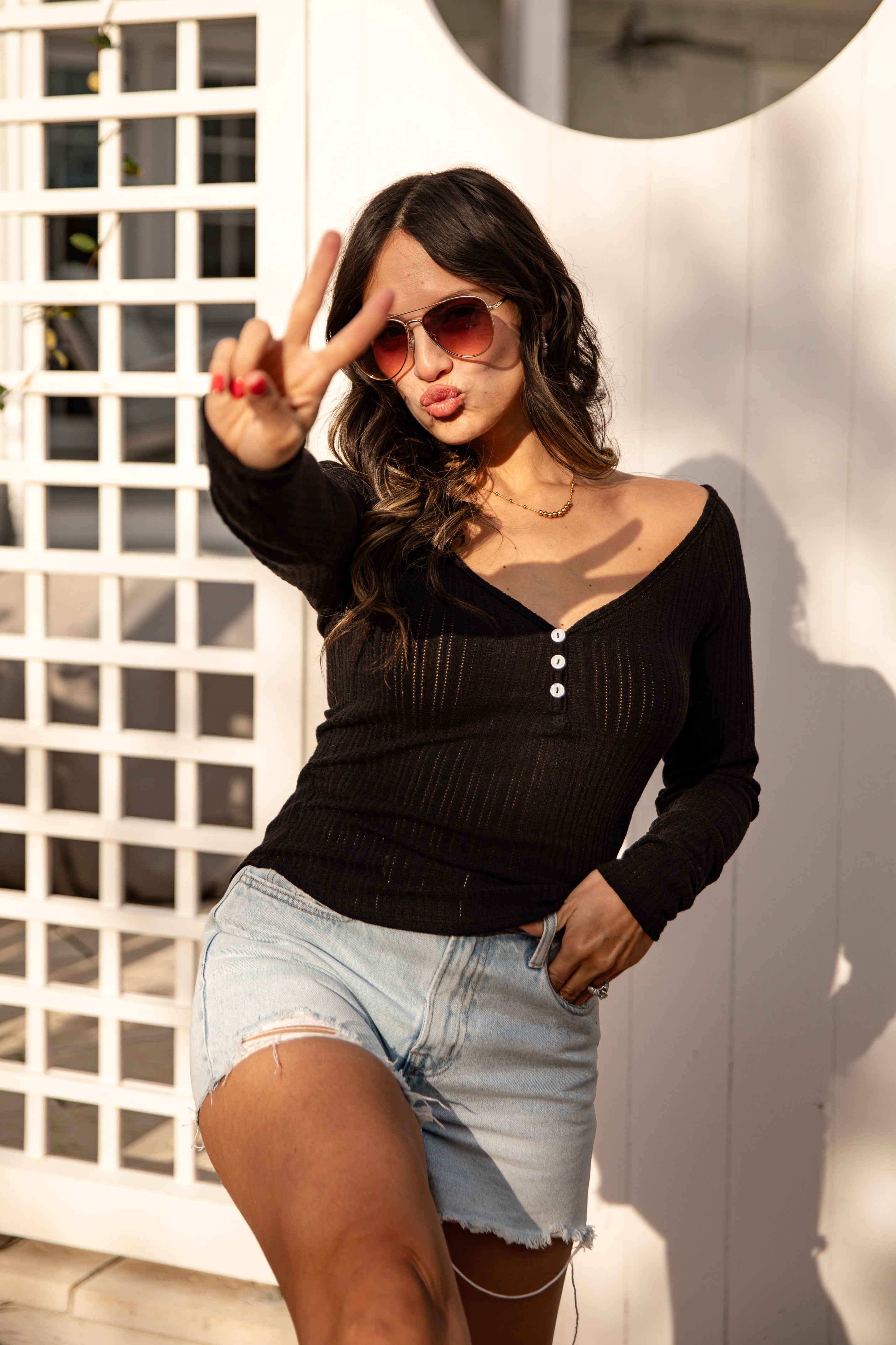 Ribbed Waffle Knit V-Neck Button Long Sleeve Crop Top