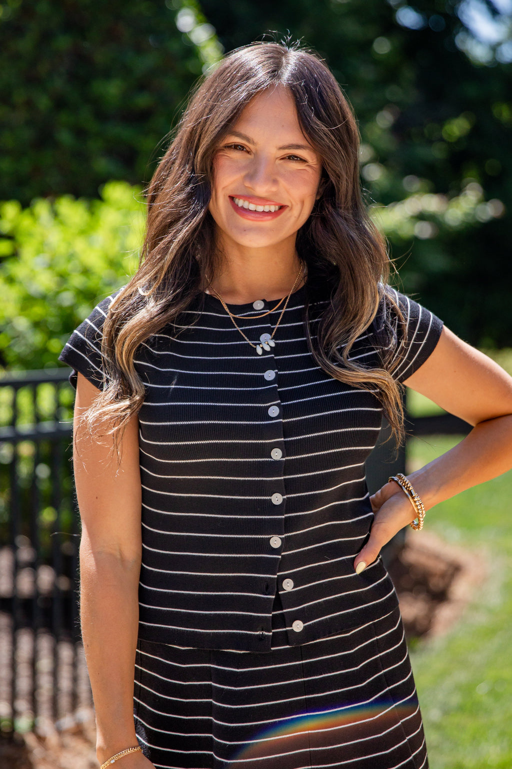 Stripe Button Front Fitted Capped Sleeve Top