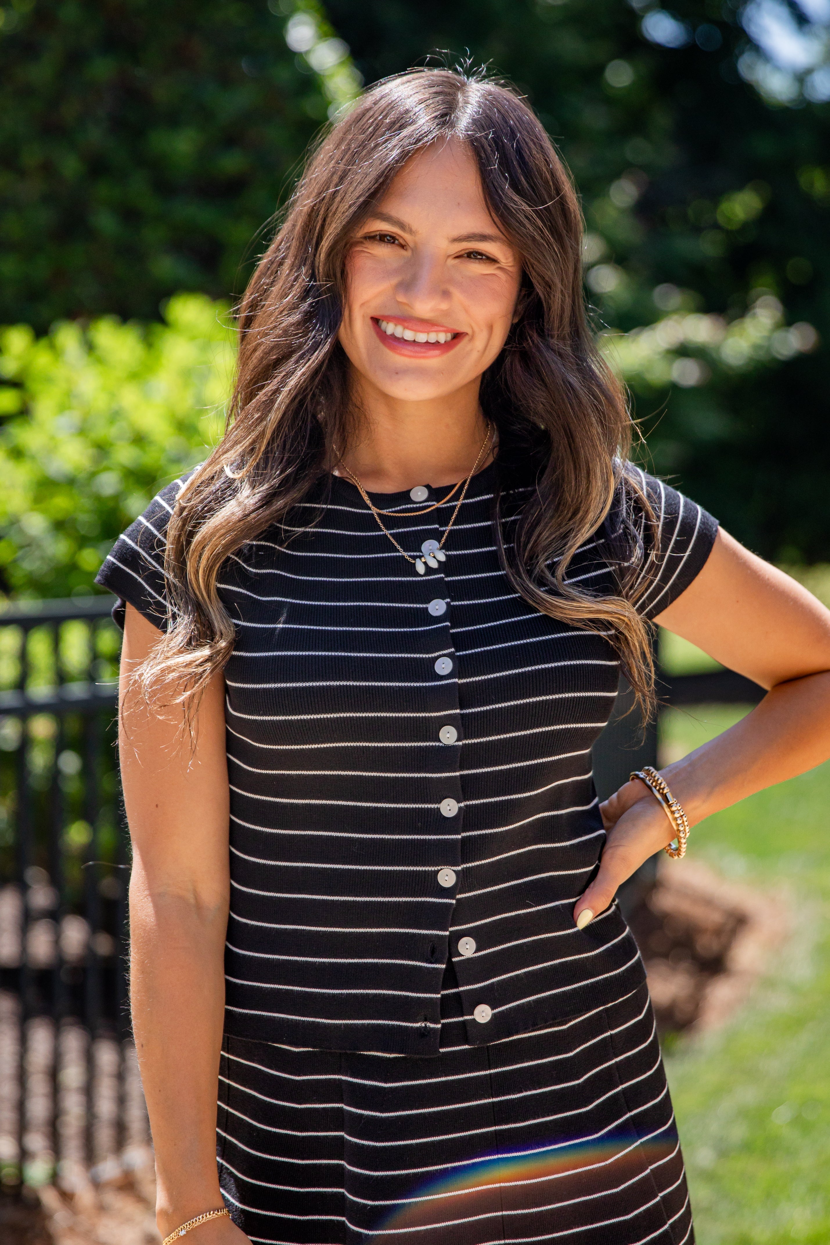 Stripe Button Front Fitted Capped Sleeve Top