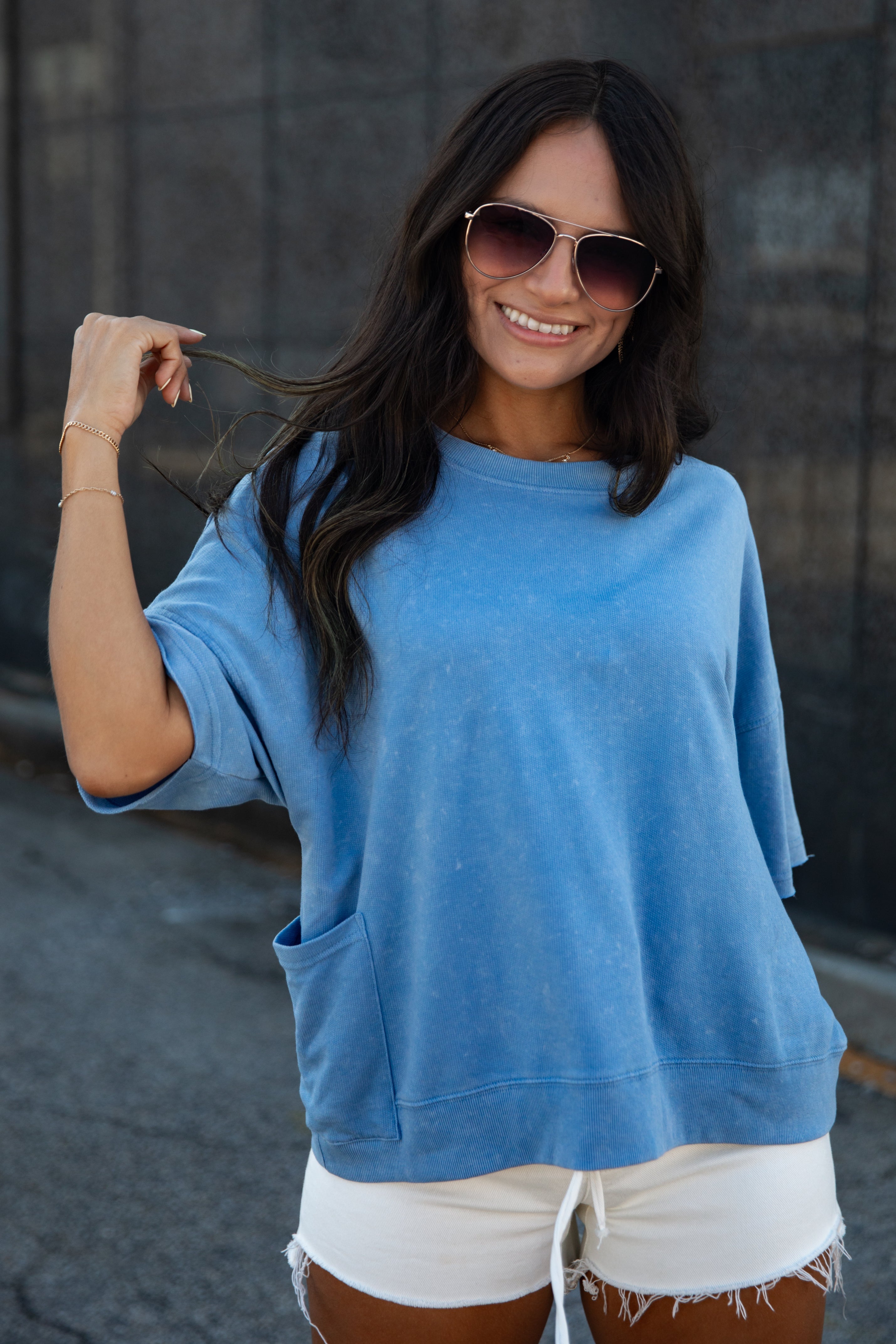 Blue Oversized Short Sleeve Cotton Top