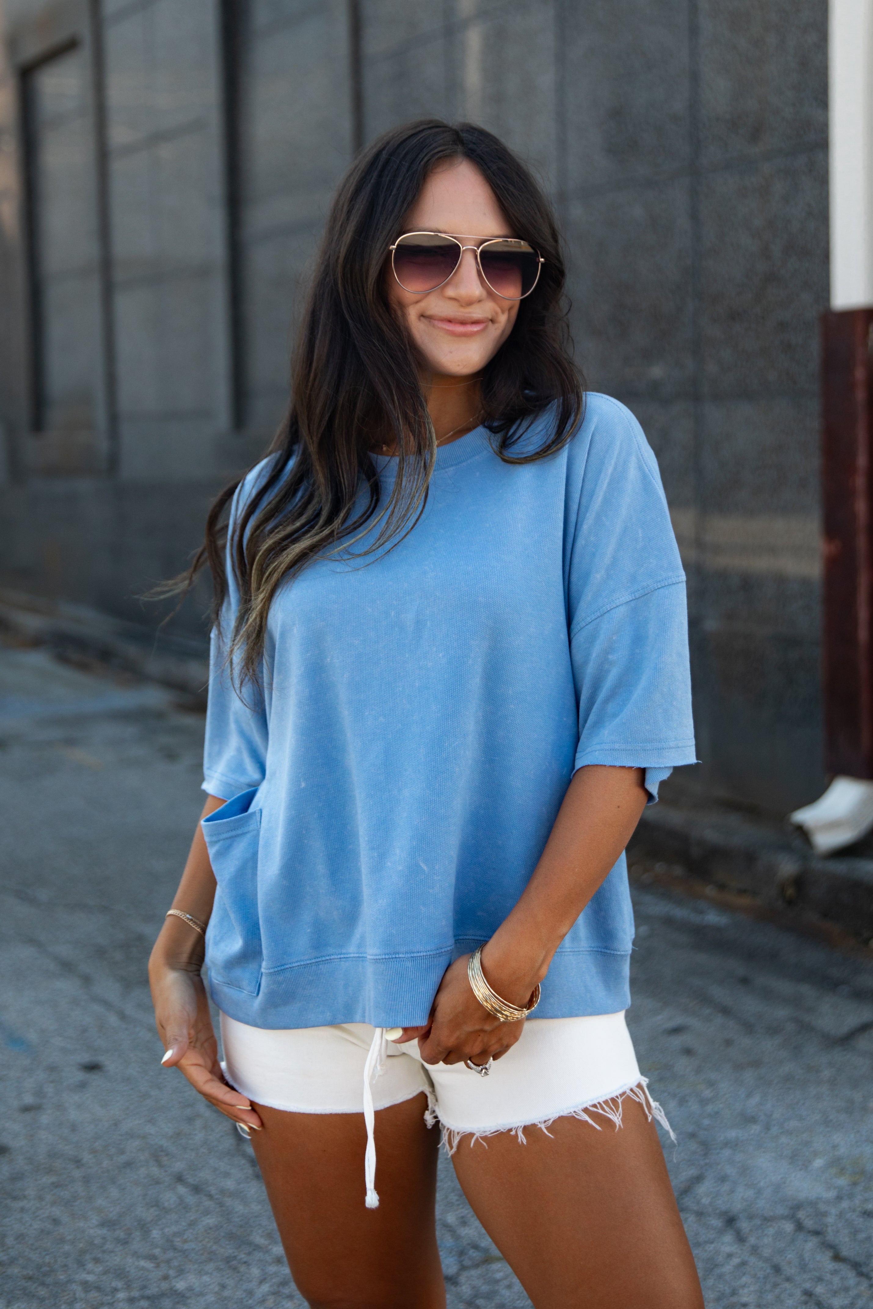 Blue Oversized Short Sleeve Cotton Top