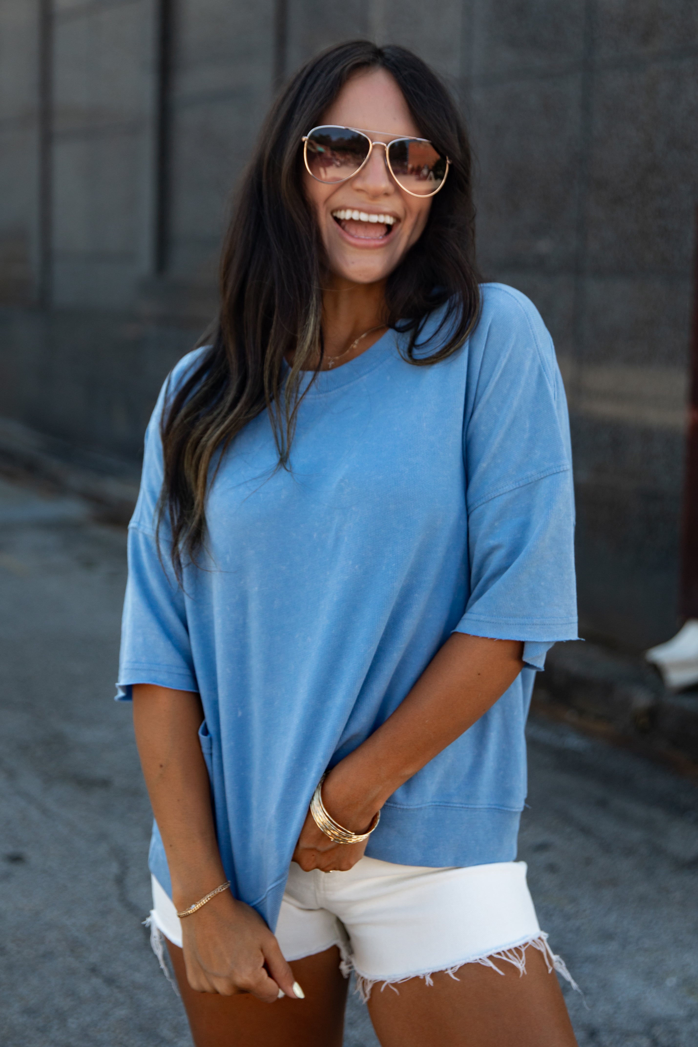 Blue Oversized Short Sleeve Cotton Top