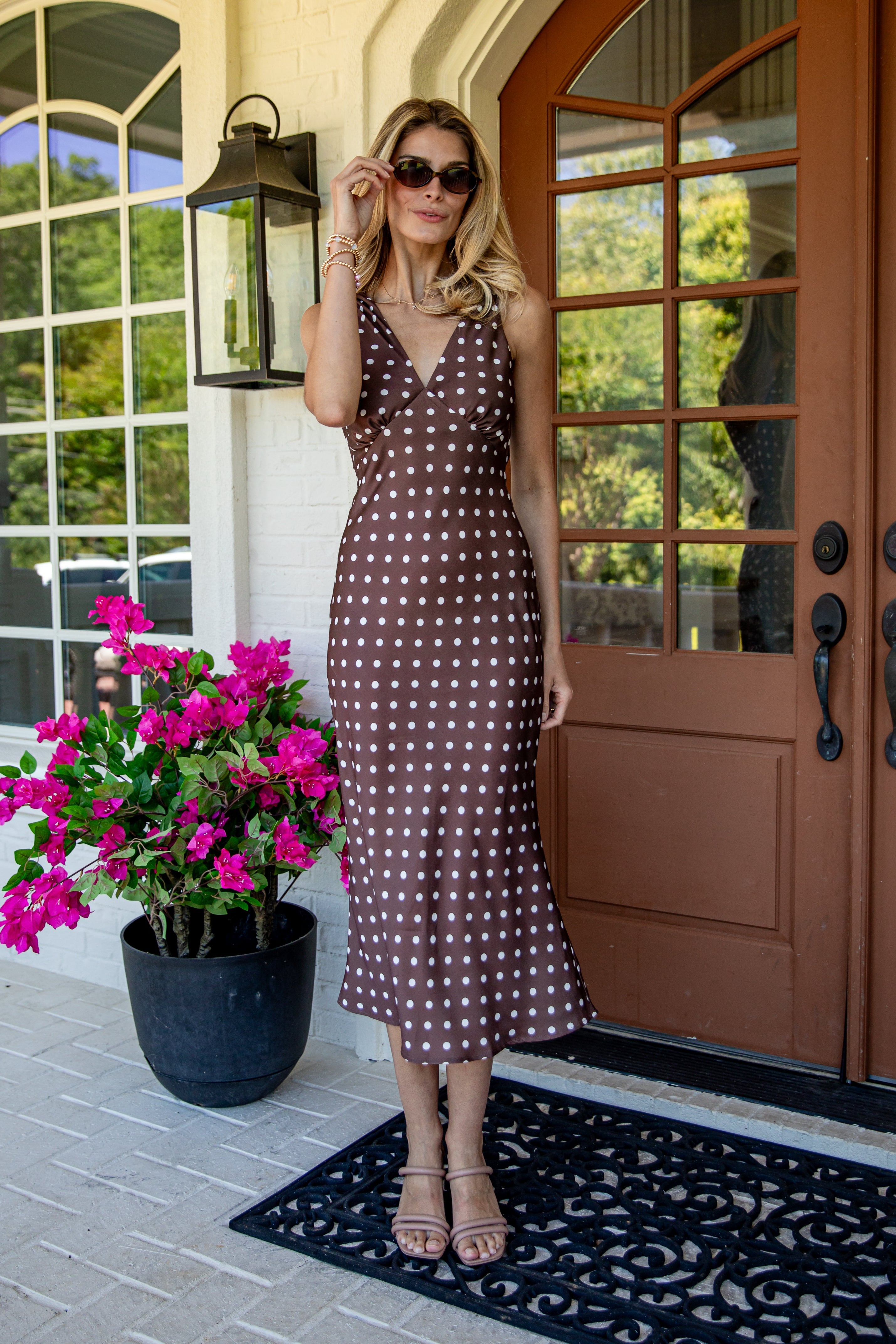 Brown Polka Dot Sleeveless Satin Maxi Dress