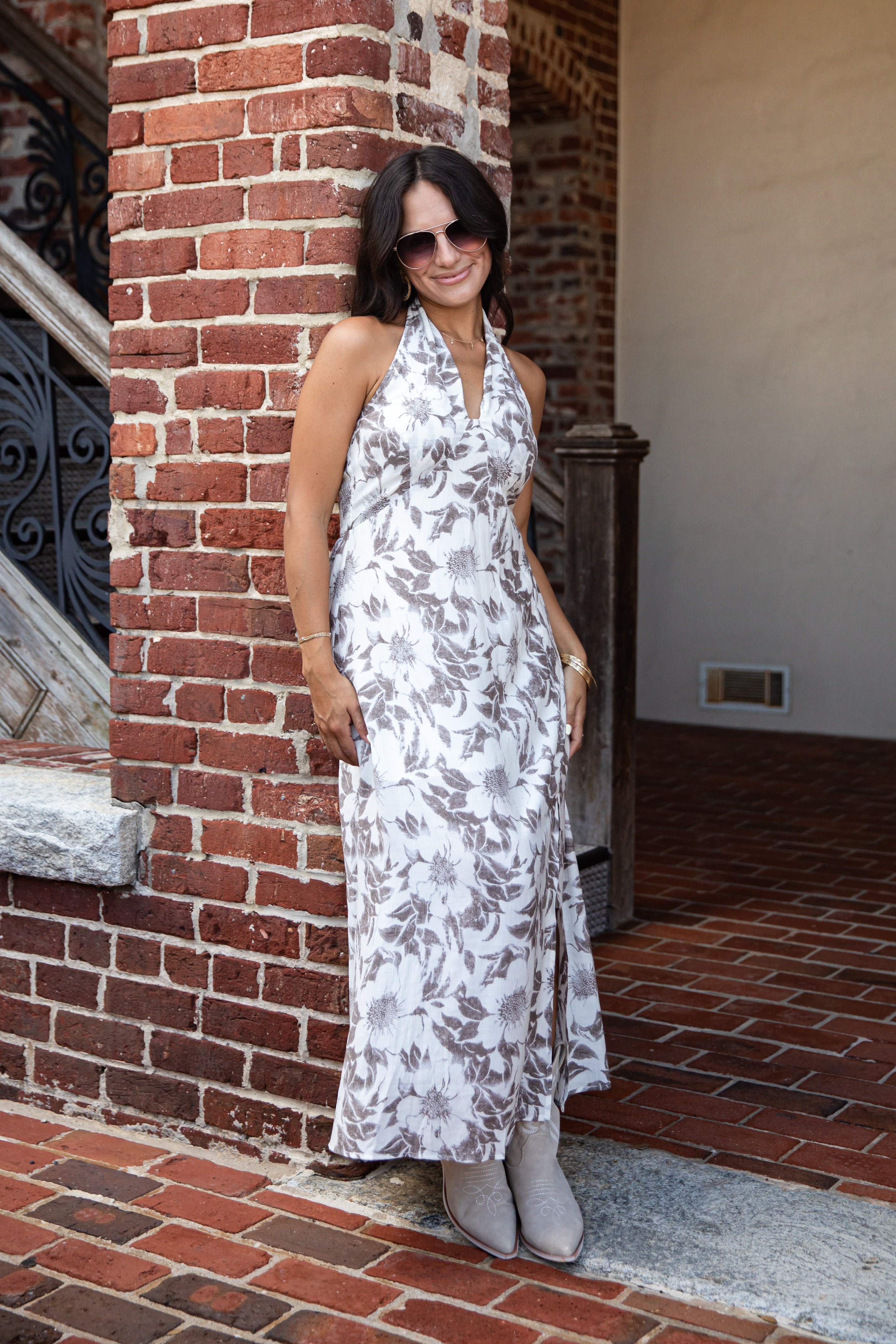 Cream Floral Halter Midi Dress