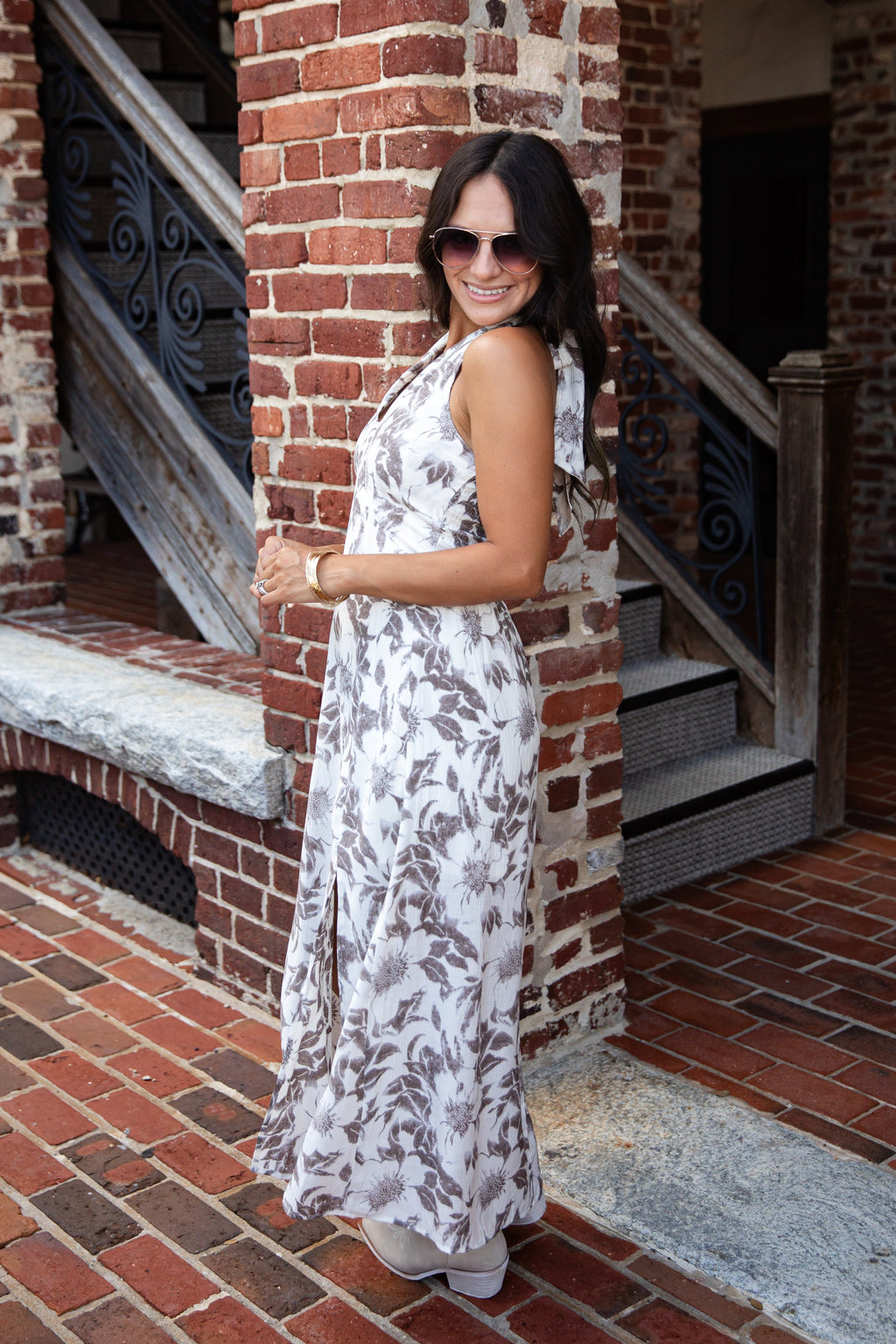 Cream Floral Halter Midi Dress