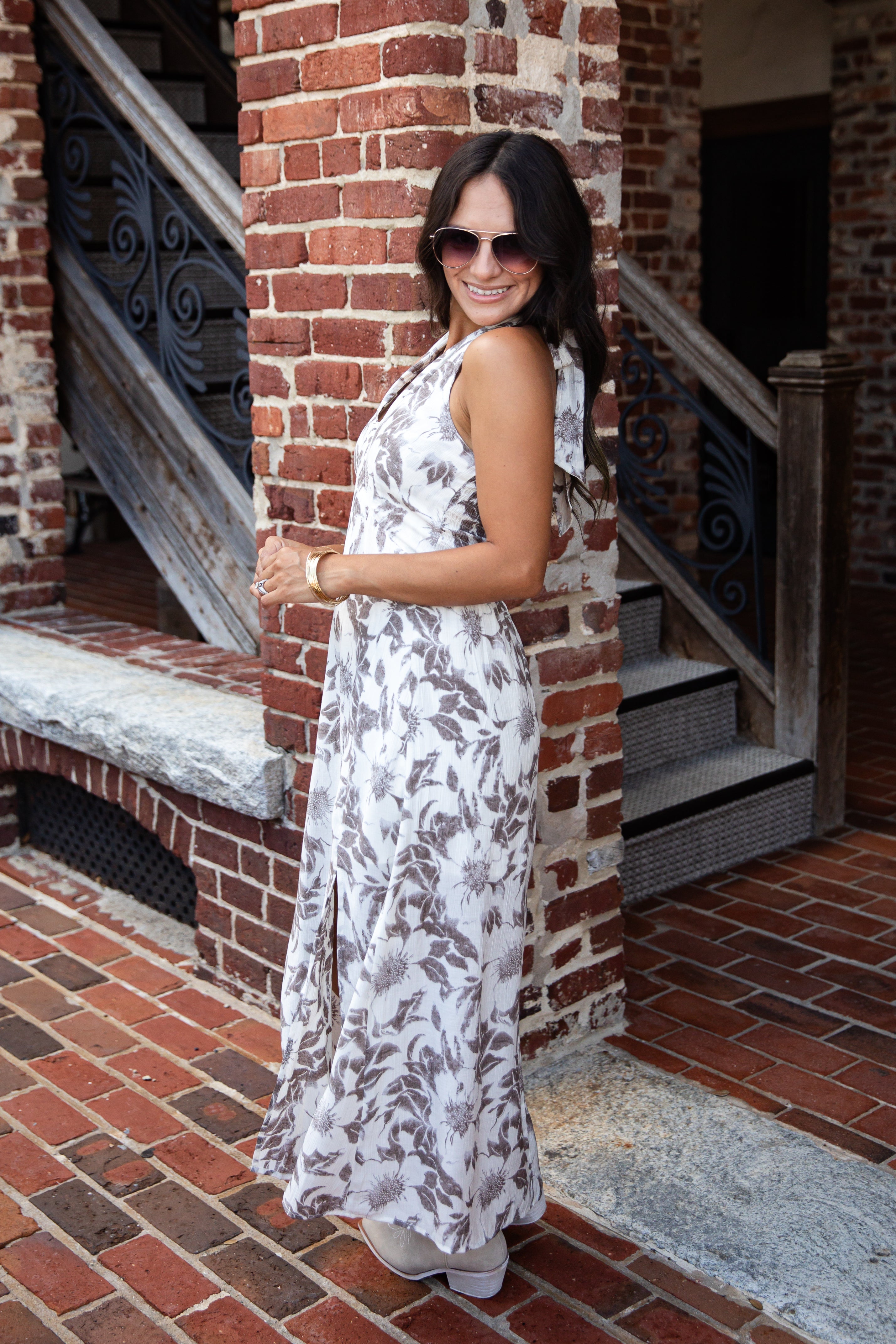 Cream Floral Halter Midi Dress