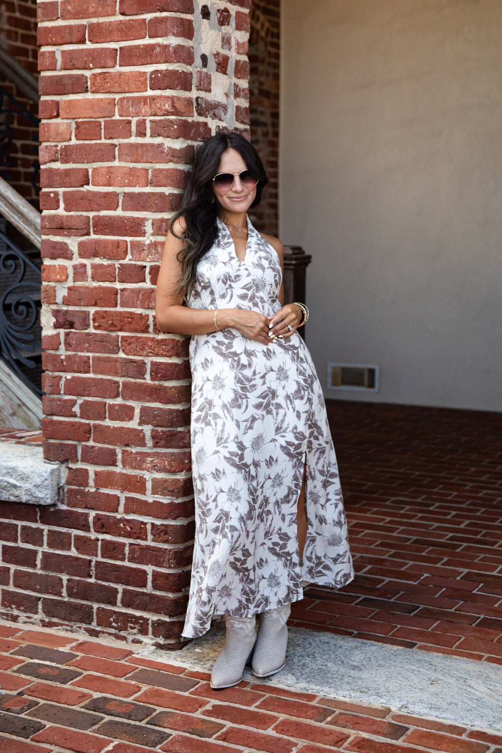 Cream Floral Halter Midi Dress