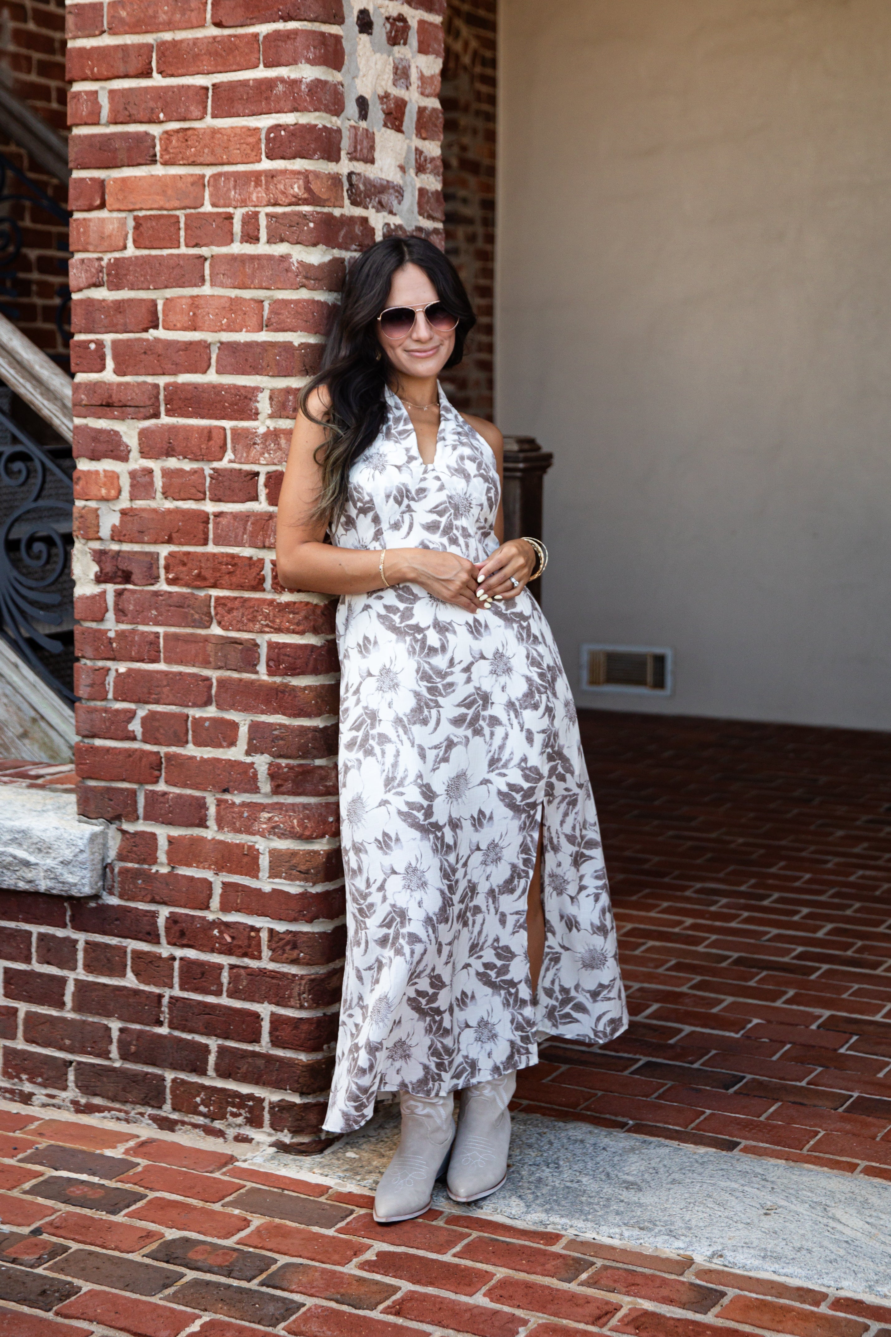 Cream Floral Halter Midi Dress