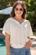 Cream Open Knit Collared Short Sleeve Top