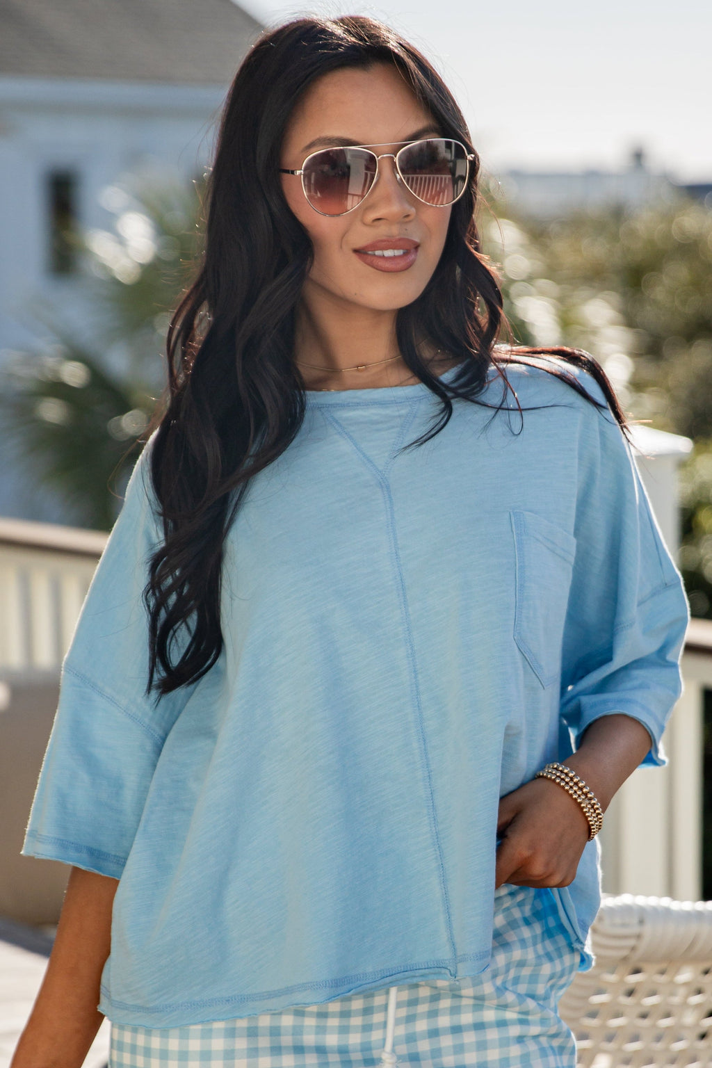 Light Blue Oversized Crop Short Sleeve Cotton Top