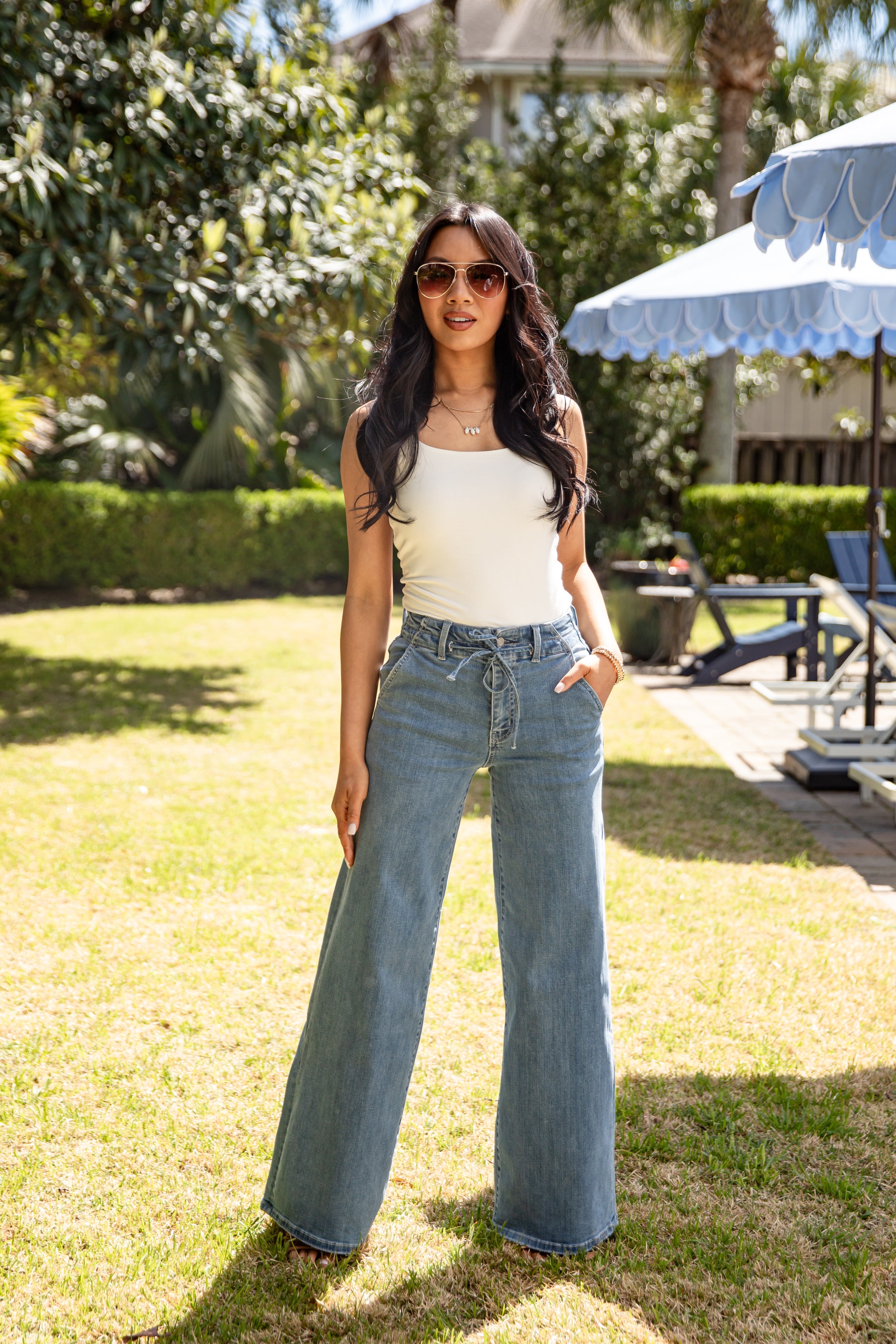 Jesse High Rise Light Wash Tie Waist Palazzo Jeans