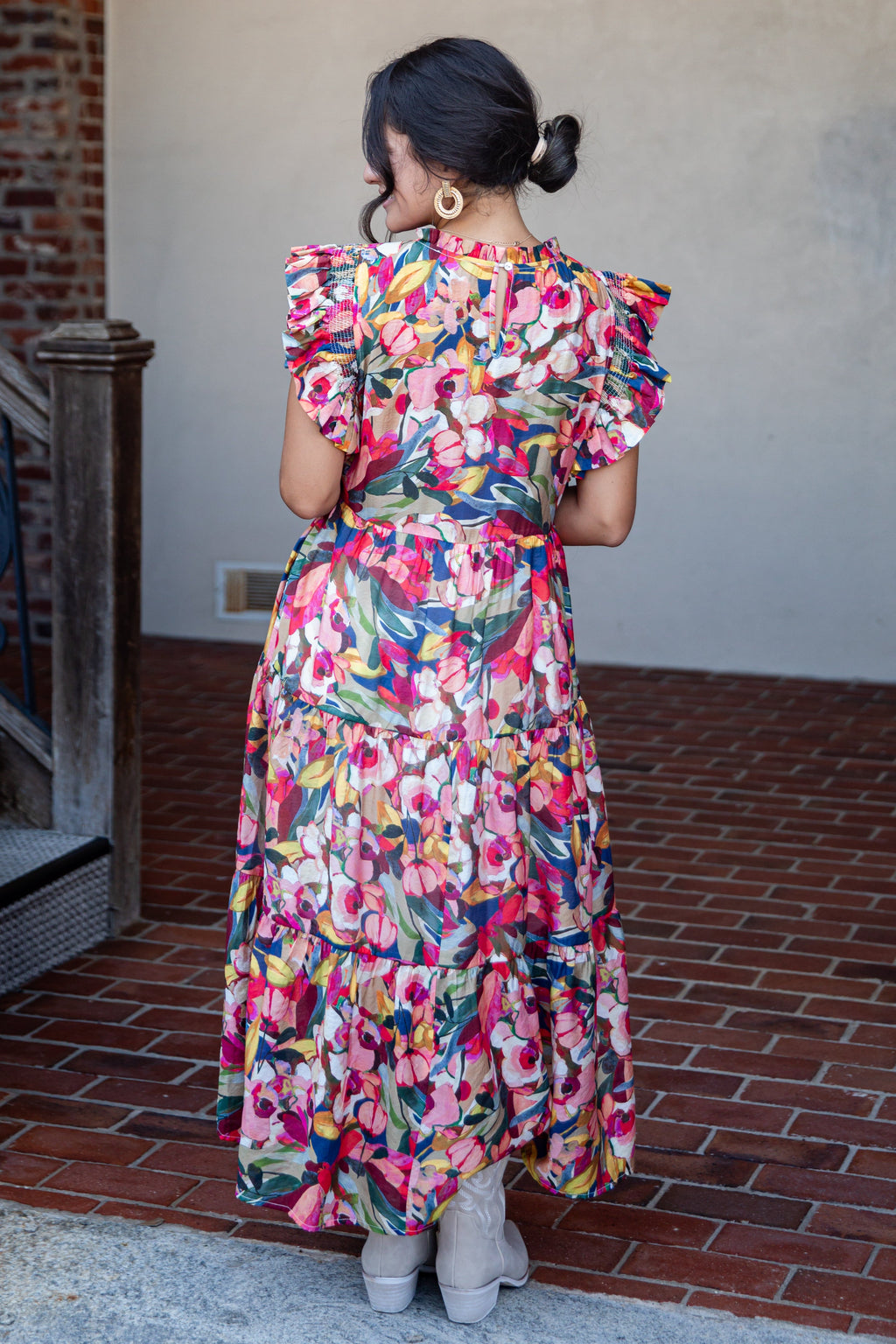 Multi Floral Ruffle Sleeve Maxi Dress