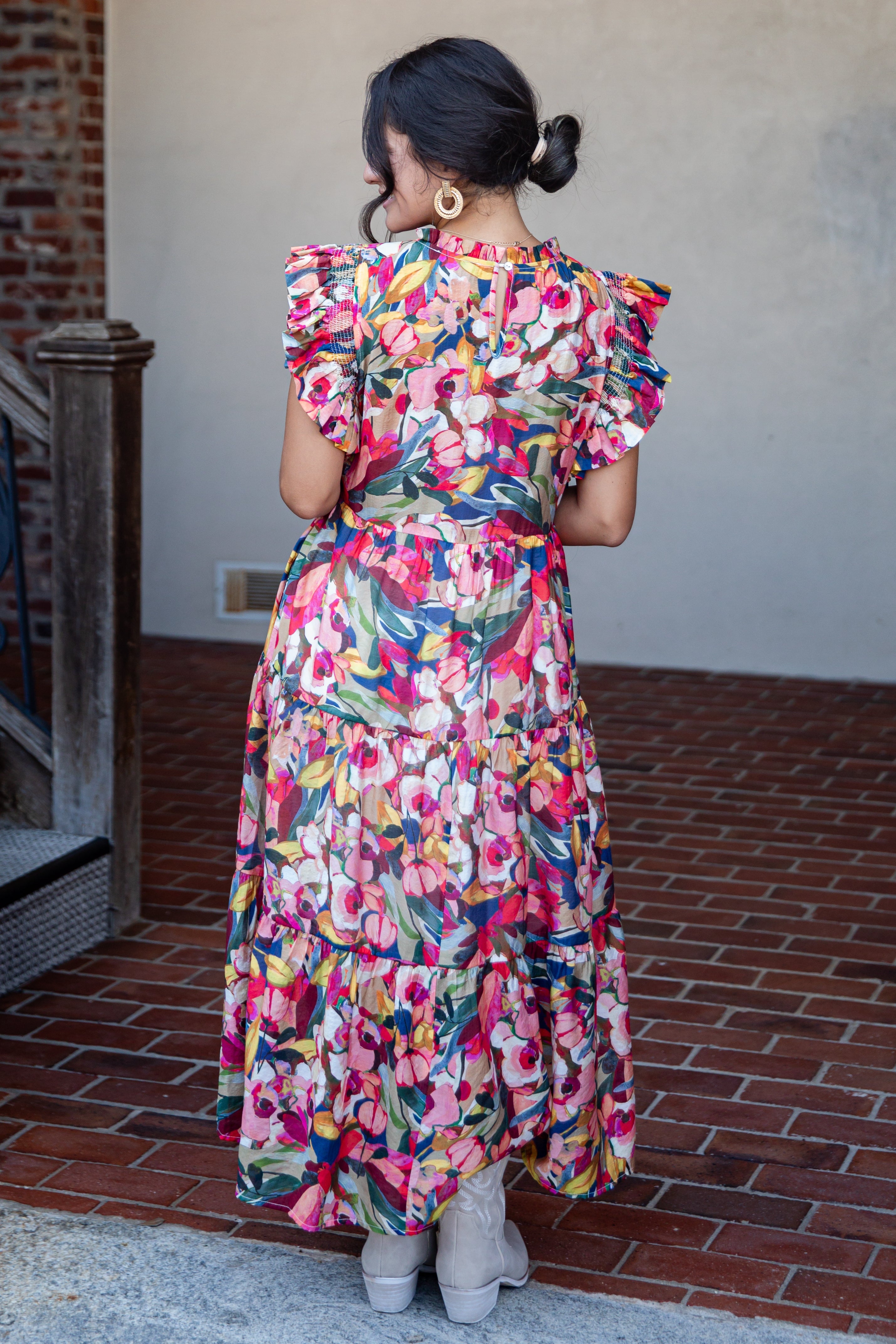 Multi Floral Ruffle Sleeve Maxi Dress