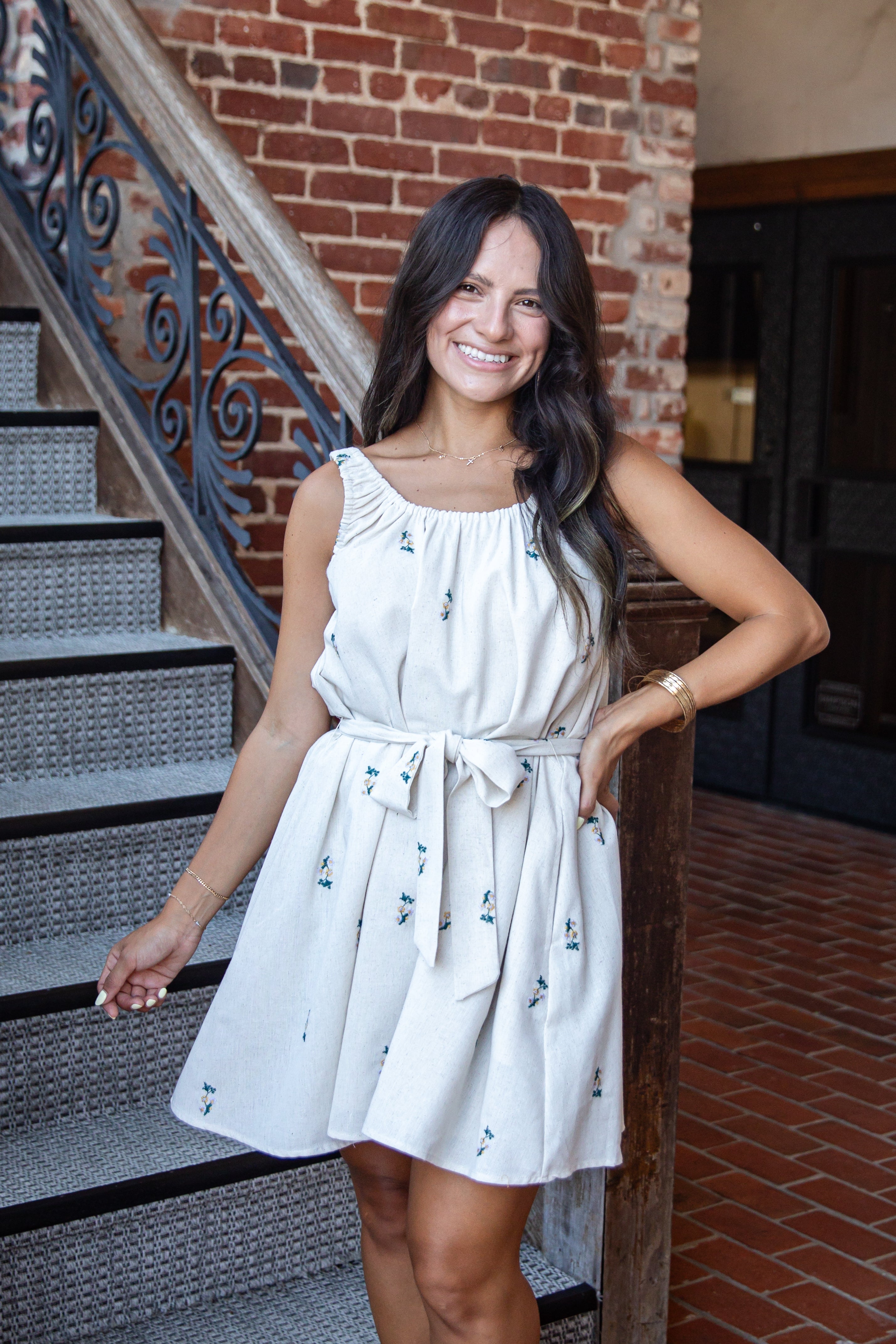 Natural Floral Embroidered Mini Dress