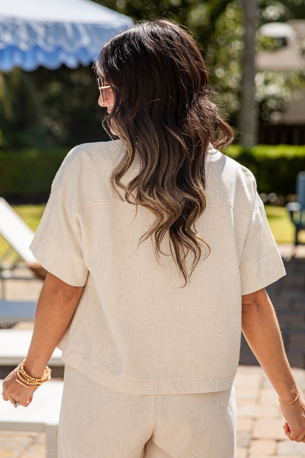 Natural Collared Button Front Short Sleeve Linen Top