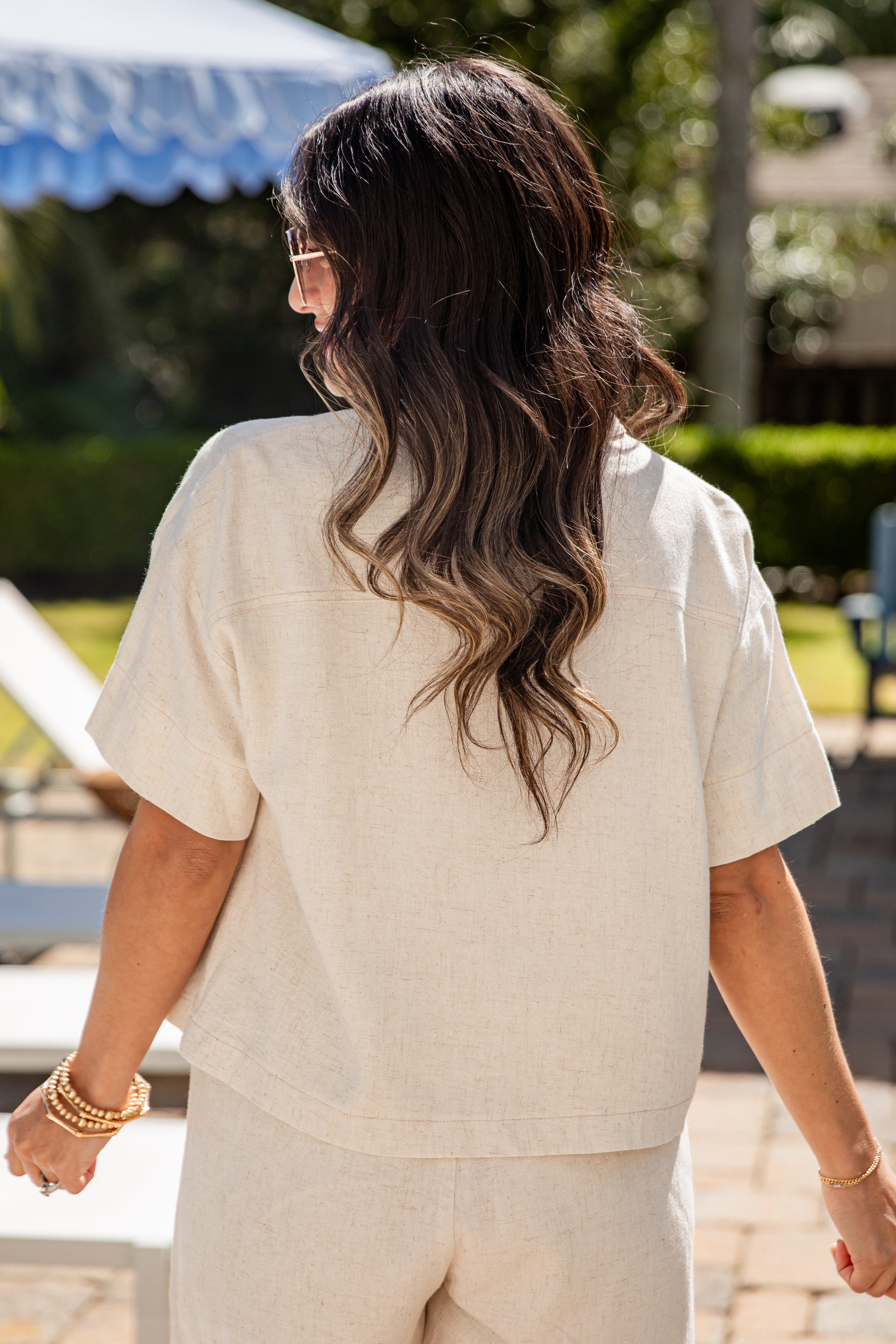 Natural Collared Button Front Short Sleeve Linen Top